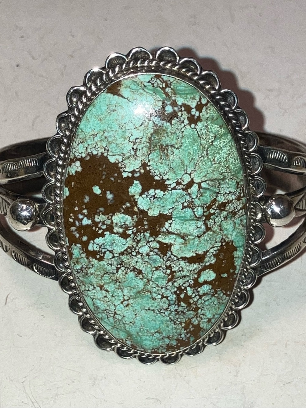 Sterling Navajo Cuff Bracelet with Large Number Eight Mine Turquoise